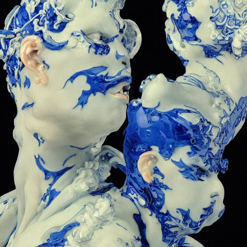 Prompt: a close - up portrait of an ornate blue and white porcelain figure made out of white vitrified translucent ceramic ; china. reflective detailed textures. gloomy black background. highly detailed fantasy science fiction painting by moebius, norman rockwell, frank frazetta, and syd mead. rich colors, high contrast. artstation