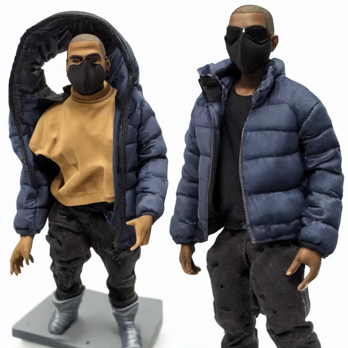 Image similar to a action figure of kanye west using full face - covering black mask with small holes. a small, tight, undersized reflective bright blue round puffer jacket made of nylon. a shirt underneath. jeans pants. a pair of big rubber boots, figurine, detailed product photo, 4 k, realistic, acton figure, studio lighting, professional photo