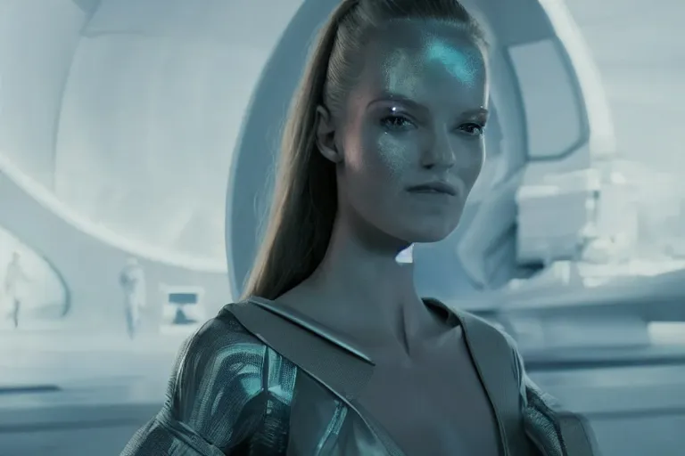 Image similar to VFX movie of a futuristic space woman model gorgeous portrait in inhuman future spaceship, cyberpunk dress, beautiful natural skin natural lighting by Emmanuel Lubezki