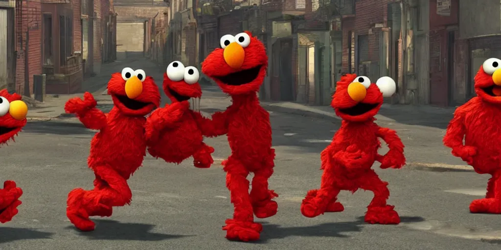 Image similar to realistic scene of elmo street in war, ultra realistic, 8 k