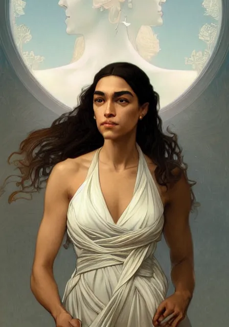 Prompt: alexandria ocasio cortez, intricate, elegant, highly detailed, digital painting, artstation, concept art, smooth, sharp focus, illustration, art by artgerm and greg rutkowski and alphonse mucha and william - adolphe bouguereau