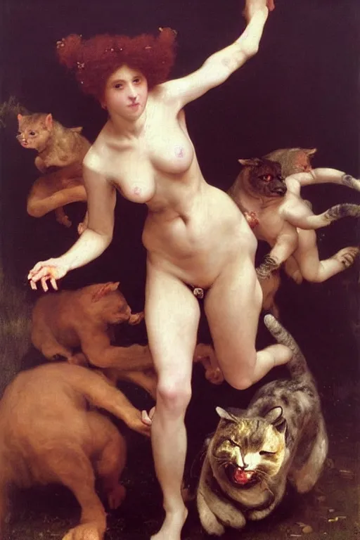 Image similar to a renaissance oil painting by alma tadema of demonic beautiful vampire woman running in fear from a group of gigantic cats, colourful pastel trending artstation, detailed portrait academic bouguereau caravaggio high shadow contrast medium shot