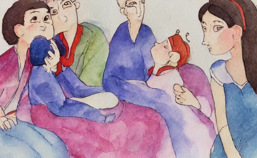 Prompt: story book illustration, A voice that flutters like a soft blanket around the four of them, water color