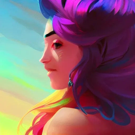 Image similar to beautiful woman with rainbow hair, maya ali mage, gloomhaven, dynamic lighting, gaudy colors, octane render aesthetic, matte painting concept art, official fanart behance hd artstation by jesper ejsing, by rhads and makoto shinkai and lois van baarle and ilya kuvshinov and rossdraws