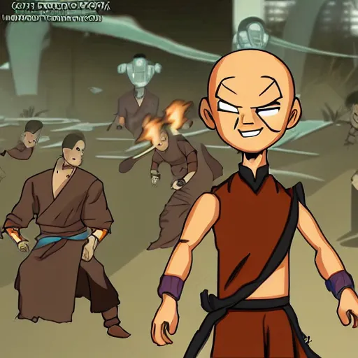 Prompt: ghost town avatar aang fight against zombies