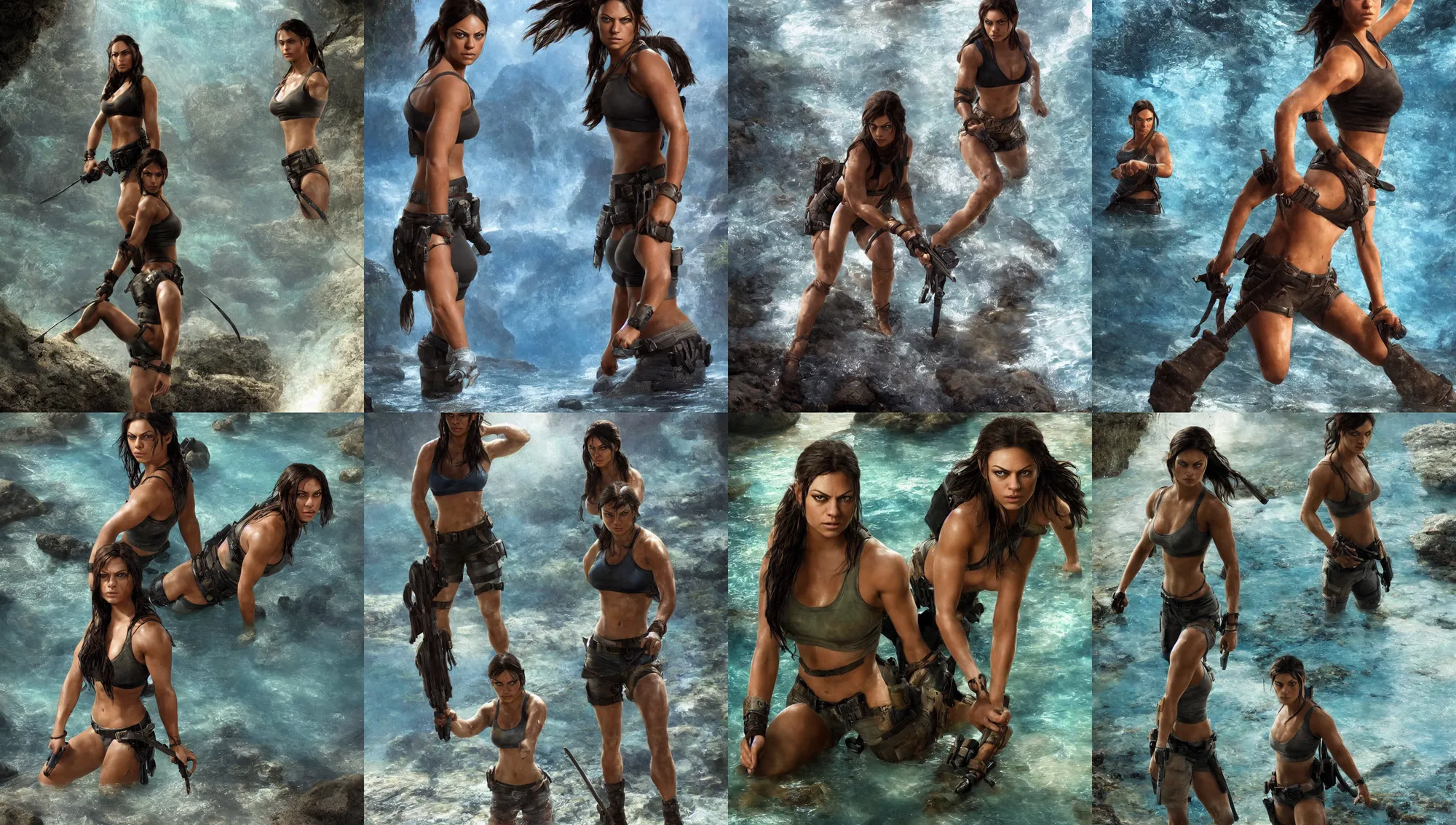 Prompt: young muscled mila kunis as lara croft as a ruggedly handsome heroine looking directly into the camera wading through shallow blue glowing water, 2 0 0 mm focal length, intricate, elegant, stanley lau, greg rutkowski