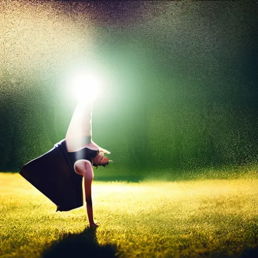 Image similar to an origami girl doing acrobatic contemporary dance, dramatic lighting, with bokeh effect in a sunny meadow