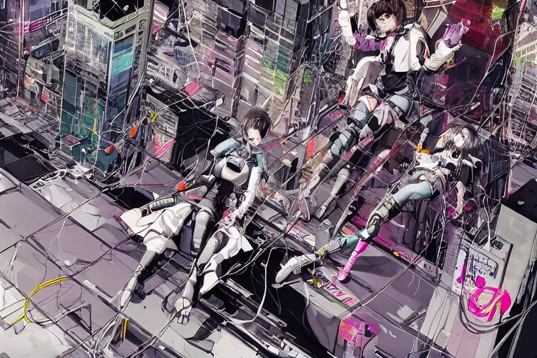 Prompt: a cyberpunk illustration of a group of super-coherent female androids dressed in seifuku in style of masamune shirow, lying scattered across an empty, white floor with their bodies rotated in different poses and cables and wires coming out, by yukito kishiro and katsuhiro otomo, hyper-detailed, intricate, view from above, colorful