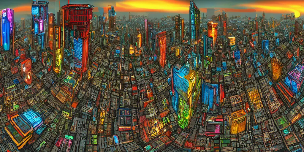 Image similar to streetview equirectangular 360 photo of cyberpunk metropolis, colorful, by Andy Thomas, Mario Martinez, Daniel Mirante, Gustave Dore, Artstation, CGsociety, masterpiece