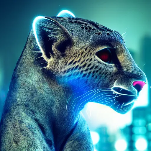 Image similar to closeup profile shot of a neon electric cheetah, city lights, strong bokeh, dramatic, cinematic, high contrast, cgsociety, artstation, 4k