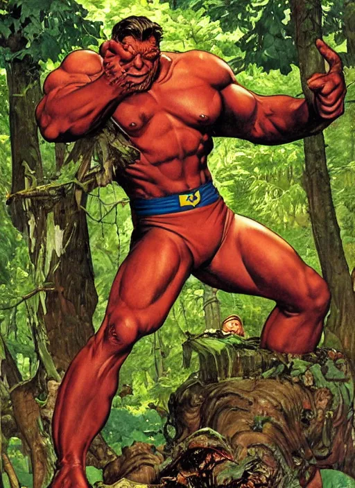 Prompt: giant cyclops smashes through forest, by norman rockwell and jason fabok and tom lovell and frank schoonover and jack kirby and alex ross