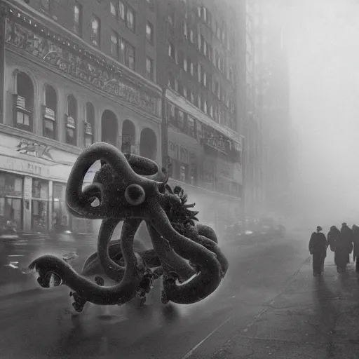 Image similar to old black and white photo, 1 9 1 3, depicting a giant alien dieselpunk octopus rampaging through the bustling streets of new york city, historical record, volumetric fog