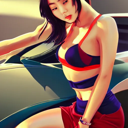 Prompt: beautiful asian woman in red shorts and sports bra sitting on car, digital art in the style of artgerm and WLOP