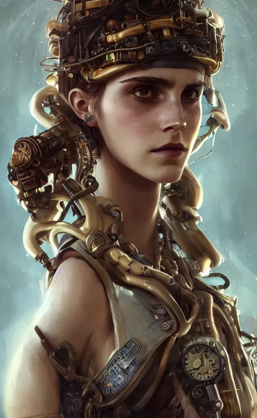 Image similar to steampunk biopunk portrait of emma watson, au naturel, hyper detailed, digital art, trending in artstation, cinematic lighting, studio quality, smooth render, unreal engine 5 rendered, octane rendered, art style by klimt and nixeu and ian sprigger and wlop and krenz cushart.