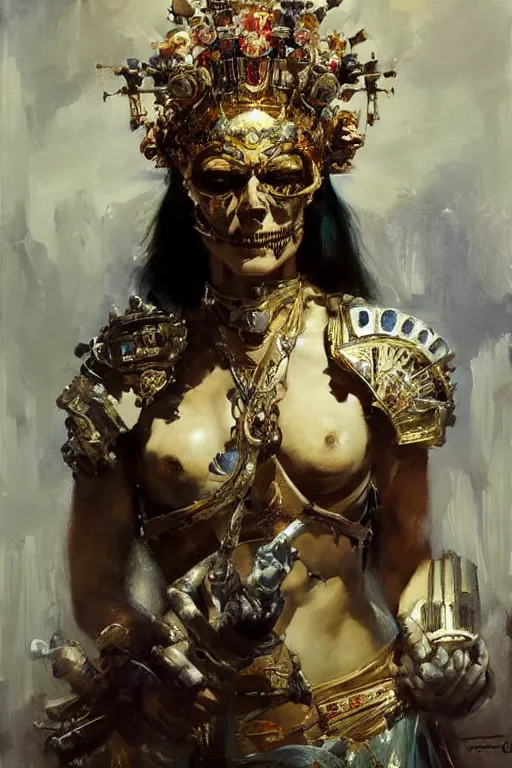 Prompt: beautiful expressive oil painting portrait of ancient cyborg god queen with a jeweled skull mask ascending wearing a neo japan crown, art by anders zorn, wonderful masterpiece by greg rutkowski, beautiful cinematic light, american romanticism by greg manchess, jessica rossier