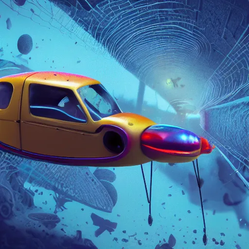 Image similar to tiny wooden flying car, plankton, floating, rbc, radiolaria, protophyta, micro - organisms, center frame, symmetric, rim light, marine microbiology, bioluminescence, electric, soft, concept art, intricate details, highly detailed, colorful, photorealistic, disney pixar, octane render, iridescent, anime, 8 k