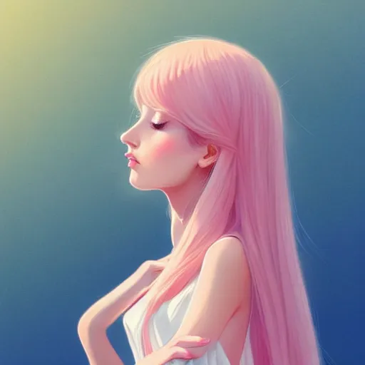 Image similar to young female in summer dress art, pastel light pink long hair, muted colors, matte print, pastel colors, ornate, digital art, digital painting, fan art, elegant, artstation, head is centered, by Ilya Kuvshinov