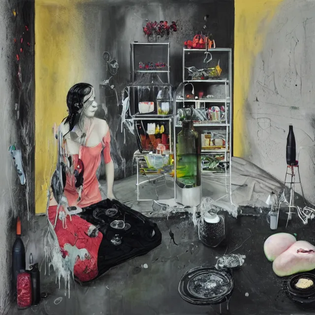 Prompt: an empty apartment with black walls and a portrait of a female art student holding a brain, intravenous drip, pomegranate, seaweed, organic, sensual, pancakes, berries, octopus, surgical supplies, scientific glassware, art materials, candles, berry juice drips, neo - expressionism, surrealism, acrylic and spray paint and oilstick on canvas