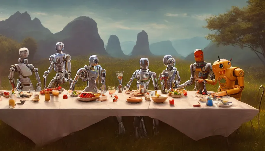 Prompt: a table dinner of android robots where robots are dressed like the characters from the midsommar movie, human has robot face, realistic detailed digital art by maxwell boas jessica rossier christian dimitrov anton fadeev trending on artstation cgsociety rendered in unreal engine 4 k hq