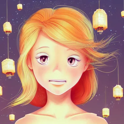 Prompt: a beautiful blonde girl with hair blowing in the wind, in a garden of lanterns and fireflies, children's book illustration in pixar style and anime style with a realistic symmetric face by don bluth, hayao miyazaki of studio ghibli, and ross tran