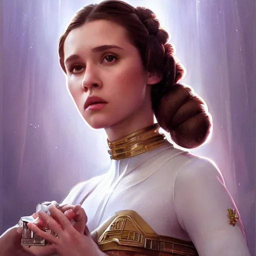 Image similar to ultra realistic illustration, scarlett estevez as princess leia, intricate, elegant, highly detailed, digital painting, artstation, concept art, smooth, sharp focus, illustration, art by artgerm and greg rutkowski and alphonse mucha