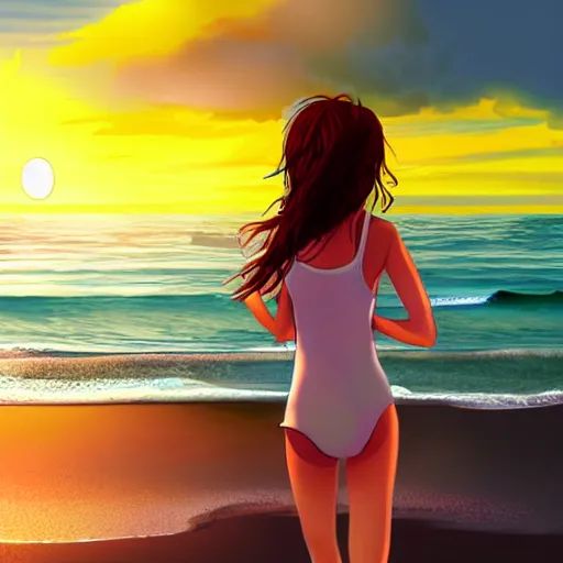 Image similar to girl looking at the sea on the beach during sunset, realistic shaded, highly detailed, anime, realistic