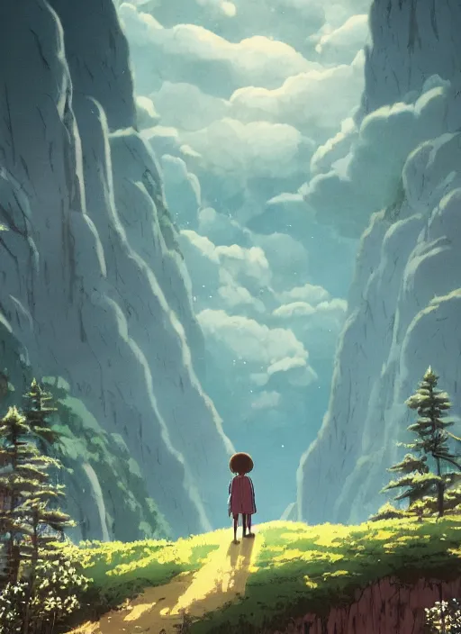 Image similar to the flim poster of a magical place around mountains and river, white spirit flying around the sky, miyazaki's animated film, ghibli studio, princess mononoke, 4 k, highly detailed, horizon view, cinematic composition, hyperdetailed,