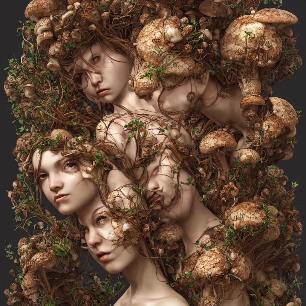 Image similar to mushroom goddess, extremely detailed, epic, 3D render, digital art, artstation, 8K artistic photography, photo-realistic, by Hiroya Oku and James Jean