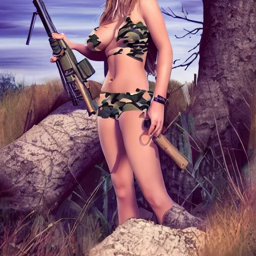 Image similar to two very very very beautiful women in their 20s in a camouflage bikini making eye contact, beautiful face, looking flirty, holding rifle, explosive battle in the background, full body portrait, photorealistic