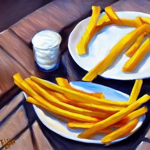 Image similar to realistic painting of french fries with sea salt high - quality trending on art station