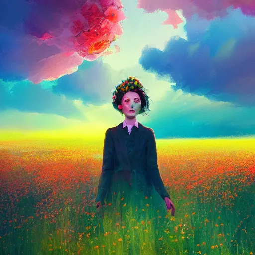 Image similar to girl with a flower face, surreal portrait photography, dreamlike, standing in flower field, in a valley, sunrise dramatic light, impressionist painting, colorful clouds, artstation, simon stalenhag