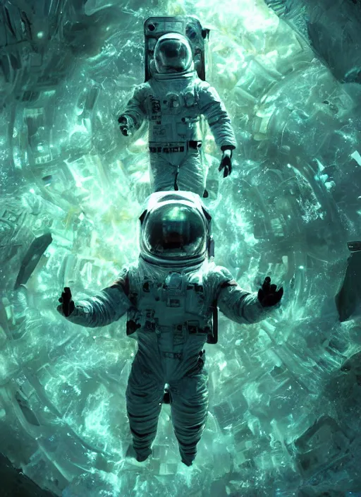 Prompt: concept art by craig mullins infrared complex and hyperdetailed technical astronaut dancing in futuristic dark and empty mirrored room underwater. reflection and dispersion materials. mandelbulb fractal. rays and dispersion of light. volumetric light. 5 0 mm, f / 3 2. noise film photo. flash photography. unreal engine 4, octane render. interstellar movie art