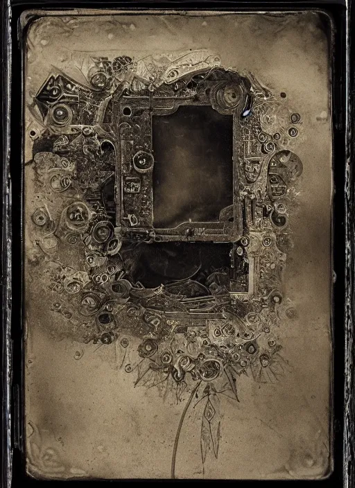 Image similar to old wetplate daguerreotype explosion of data fragments, fractal, intricate, elegant, highly detailed, parallax, leica, medium format, subsurface scattering, by jheronimus bosch and greg rutkowski and louis jacques mande daguerre