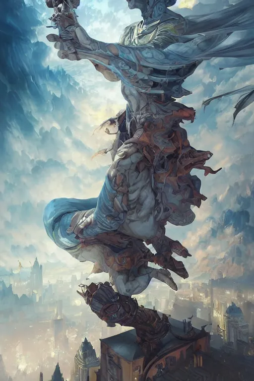 Image similar to detective falling through the sky, city, by peter mohrbacher, artgerm, karol bak, loish, ayami kojima, james stokoe, highly detailed, ultra detailed, ultra realistic, trending on artstation