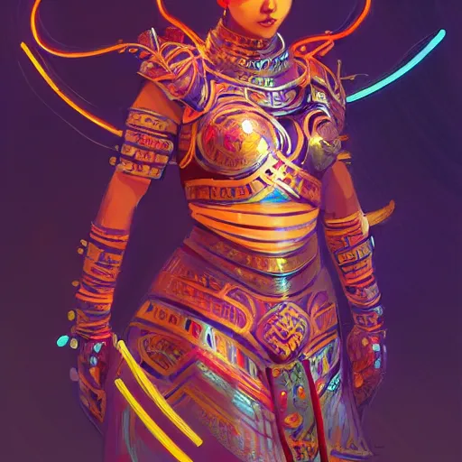 Image similar to curvy asian tribal armor girl, digital illustration by ruan jia on artstation, outlined by whirling illuminated neon lines and fine lines swirling in circles by jesper ejsing and rhads and makoto and shinkai and lois van baarle, digital art, trending on artstation - h 8 3 2