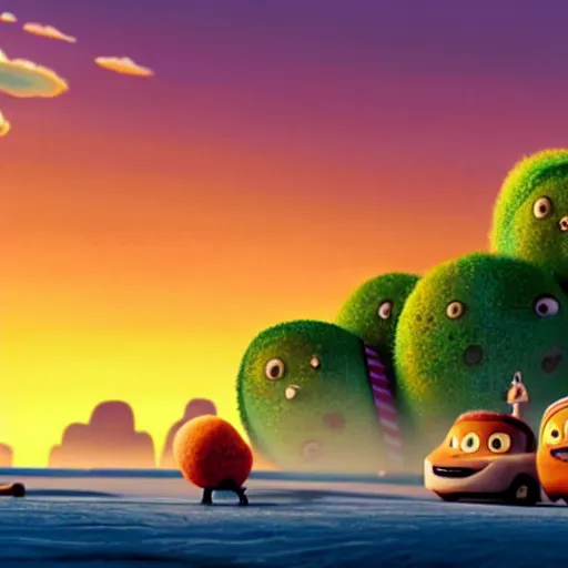 Image similar to A landscape from Cloudy with a Chance of Meatballs (2009), sunset time, award winning