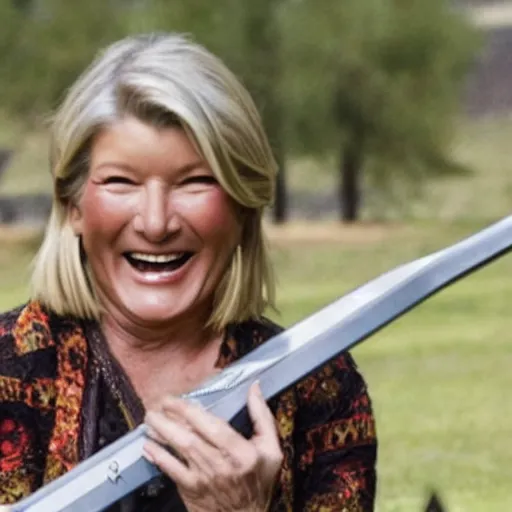 Prompt: Martha Stewart grinning while slaying an army of zombies with a samurai sword, realistic, photograph