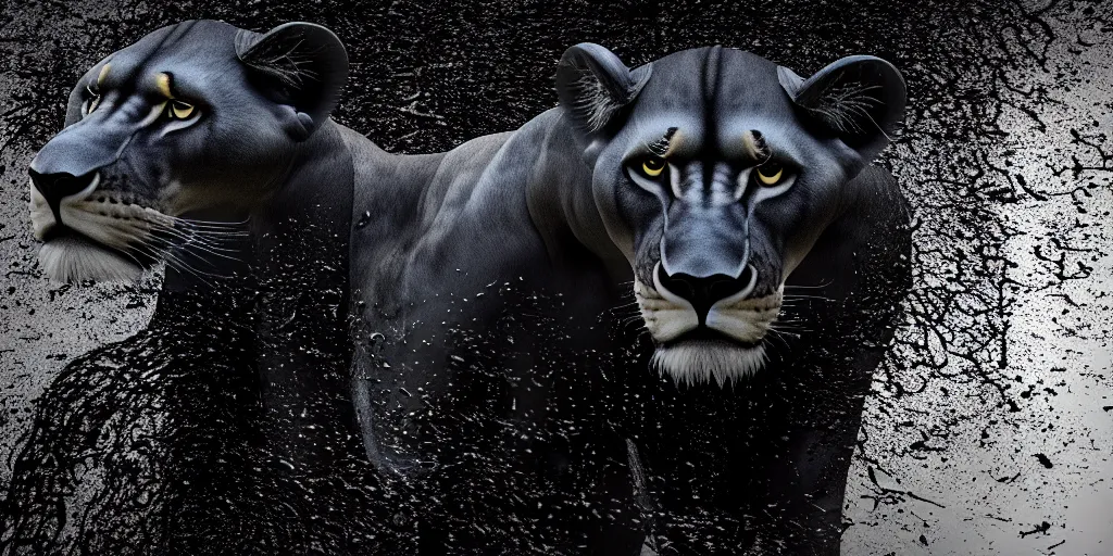 Image similar to the smooth black lioness, made of smooth black goo, in the zoo exhibit, viscous, sticky, full of black goo, covered with black goo, splattered black goo, dripping black goo, dripping goo, splattered goo, sticky black goo. photography, dslr, reflections, black goo, zoo, exhibit, raytraced, unreal engine 5