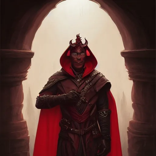 Prompt: portrait of a male tiefling with dark red skin wearing a black hood, smiling, D&D, fantasy, intricate, elegant, highly detailed, digital painting, artstation, concept art, smooth, sharp focus, illustration, art by artgerm and greg rutkowski and alphonse mucha