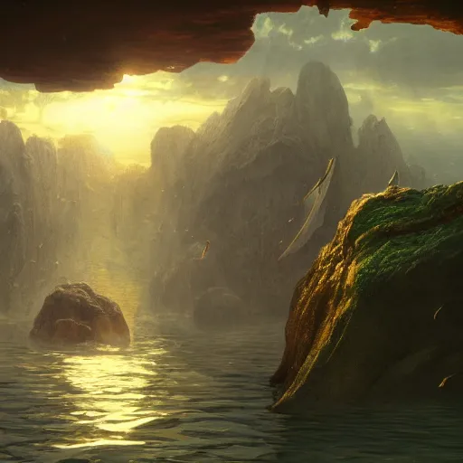 Image similar to underwater box of treasure, beautiful dynamic lighting, cinematic, wide angle establishing shot, extremely high detail, photo realistic, cinematic lighting, post processed, concept art, artstation, matte painting, style by frederic church, raphael lacoste, unreal engine 8k