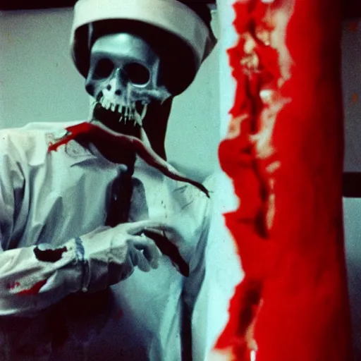 Image similar to filmic extreme wide shot dutch angle movie still 35mm film color photograph of a doctor with his head severed in half, sliced in half at the mouth, dripping blood, in the style of anatomy photography