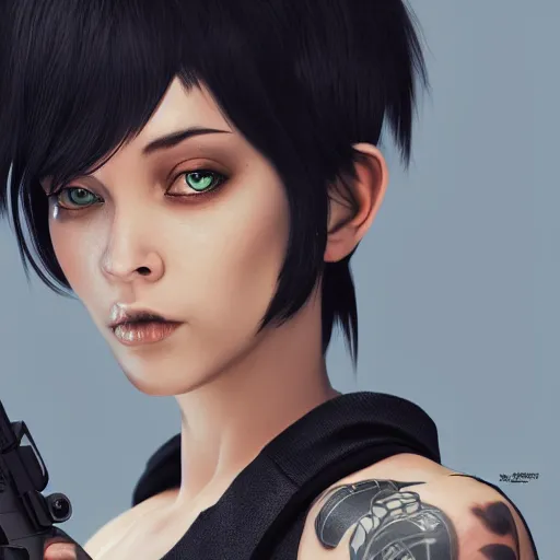 Prompt: a woman with black hair and tattoos holding a gun, a character portrait by Shinji Aramaki, cgsociety, shock art, uhd image, official art, redshift