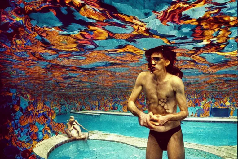 Prompt: 35mm color lomography, last photo, portrait, fashion shoot, weird, random, strange, spooky, hyperdetailed, photorealistic, high fashion, interesting, swimming pool, david cronenberg, by Jacek Yerka