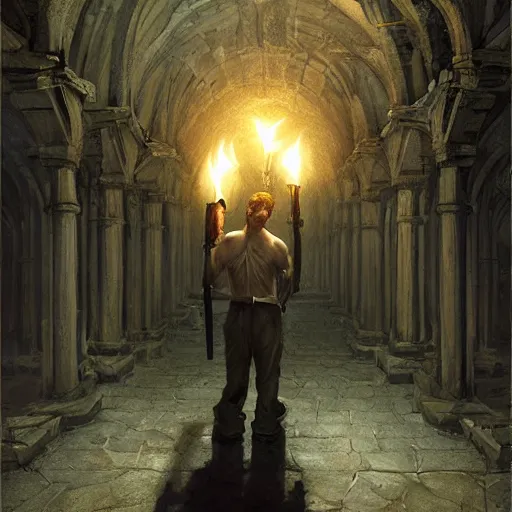 Image similar to epic masterpiece of cinematographic hyperrealism where an archeologist finds a goblet of immortality in a dark crypt. torches realistic shaded lighting poster by craig mallismo, artgerm, jeremy lipkin and michael garmash, unreal engine, detailed and intricate environment, digital art, art station trends, horror, matte