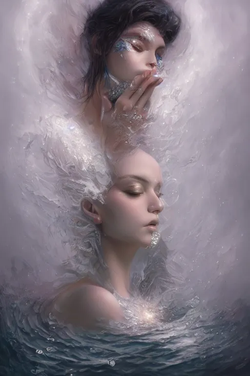 Prompt: beautiful model drowning with face covered with frost diamonds wearing frost velvet, diamonds, angel, fantasy, dramatic lighting, highly detailed, digital painting, magic the gathering, hyper detailed, 3 d render, hyper realistic detailed portrait, peter mohrbacher, wlop, ruan jia