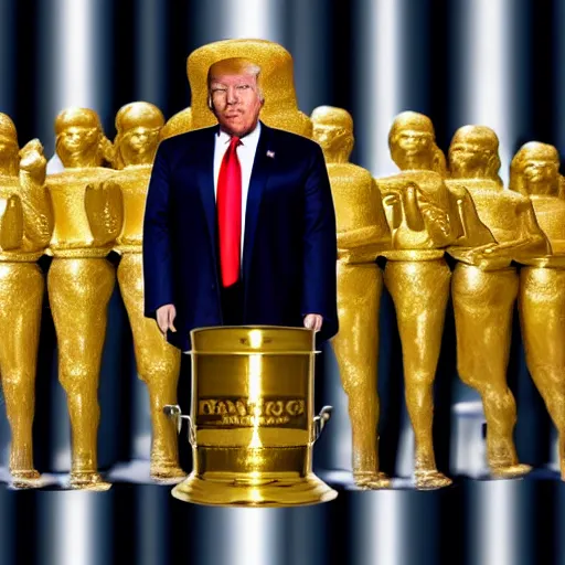 Image similar to candid color photo of Donald Trump hiding from the fbi behind a gold vase, accurate faces, 4k photo