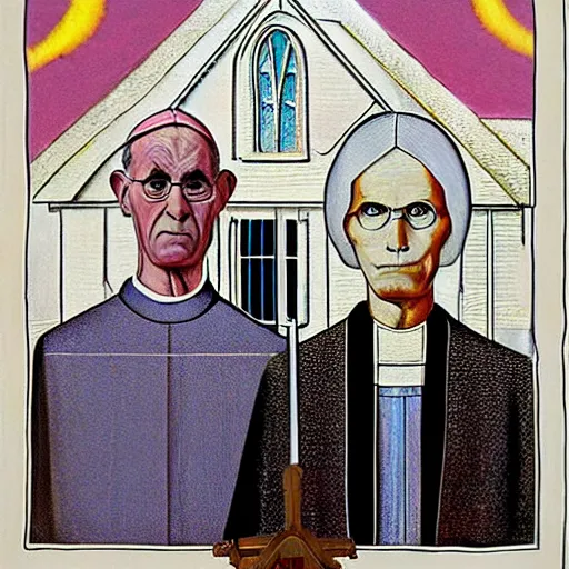 Image similar to the pope and satan in the style of american gothic