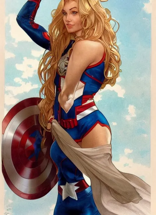 Image similar to toned young april with a mischievous face and extremely long blonde wavy hair dressed as superhero in her early 2 0 s, posing with hands behind back, captain america, tight fit, curvaceous, intricate detailed face, shiny, artgerm, greg rutkowski, alphonse mucha