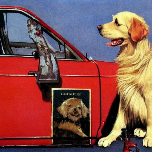 Image similar to a golden retriever trying to sell a used car, painting by Norman Rockwell