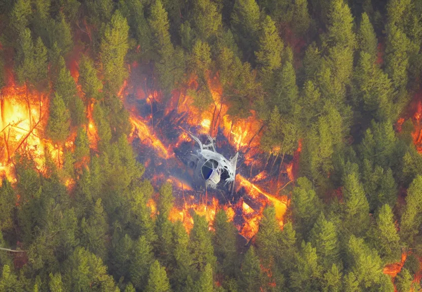 Image similar to wreckage of a crashed spaceship into a clearing in a forest, fire and smoke, close up. Soft lighting, wide angle, adventurous, atmospheric lighting, 8K, octane render. By Makoto Shinkai, Stanley Artgerm Lau, WLOP, Rossdraws, James Jean, Andrei Riabovitchev, Marc Simonetti, krenz cushart, Sakimichan, D&D trending on ArtStation, digital art.